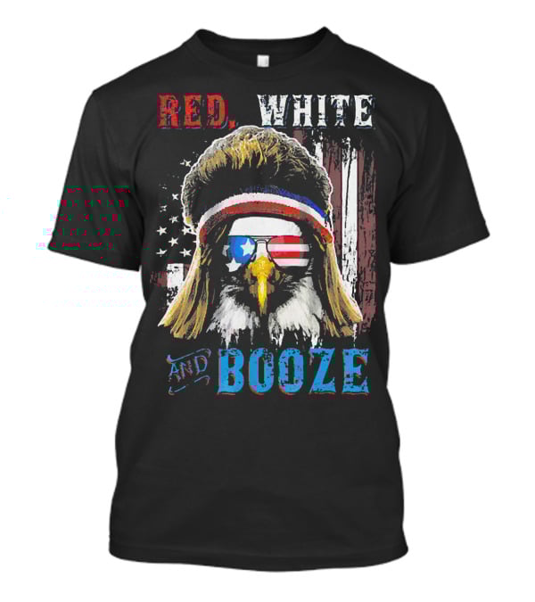 Red White And Booze America Flag Eagle With Sunglasses And Headband T-Shirt