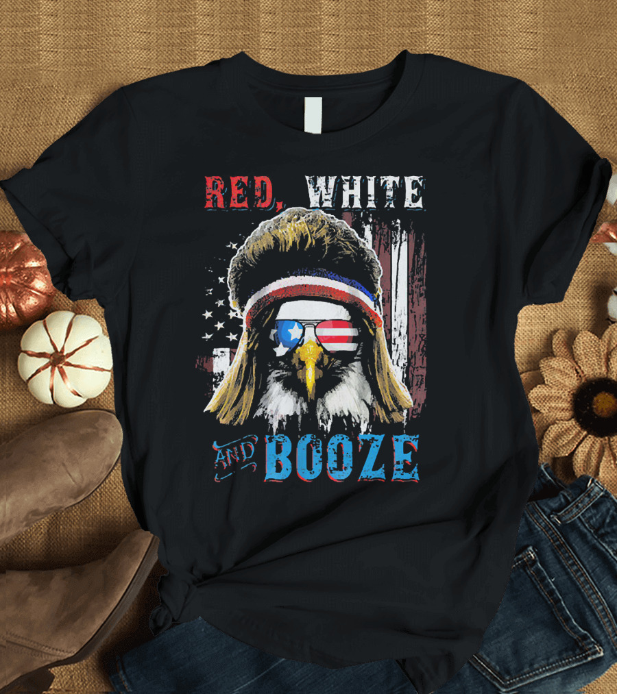 Red White and Booze America Flag Eagle with Sunglasses and Headband T-Shirt