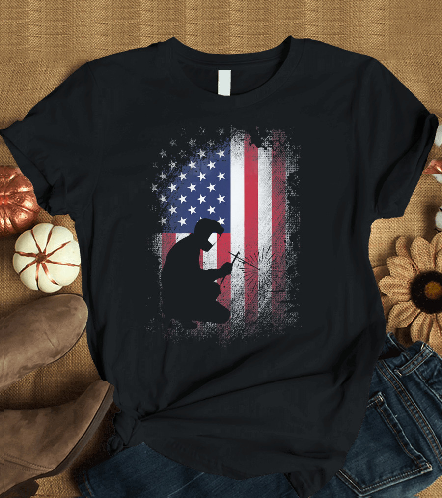 Welder Silhouette with American Flag USA Patriotic T-Shirt