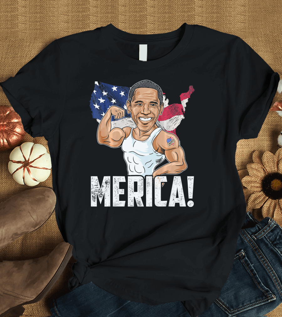 Barack Obama Muscles Merica Patriotic 4th of July USA Flag T-Shirt