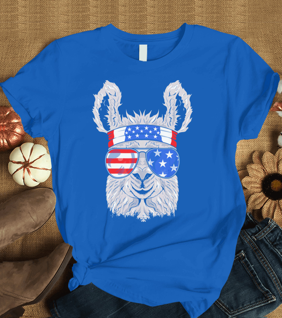 Patriotic Llama with American Flag Sunglasses and Headband for USA Independence Day T-Shirt