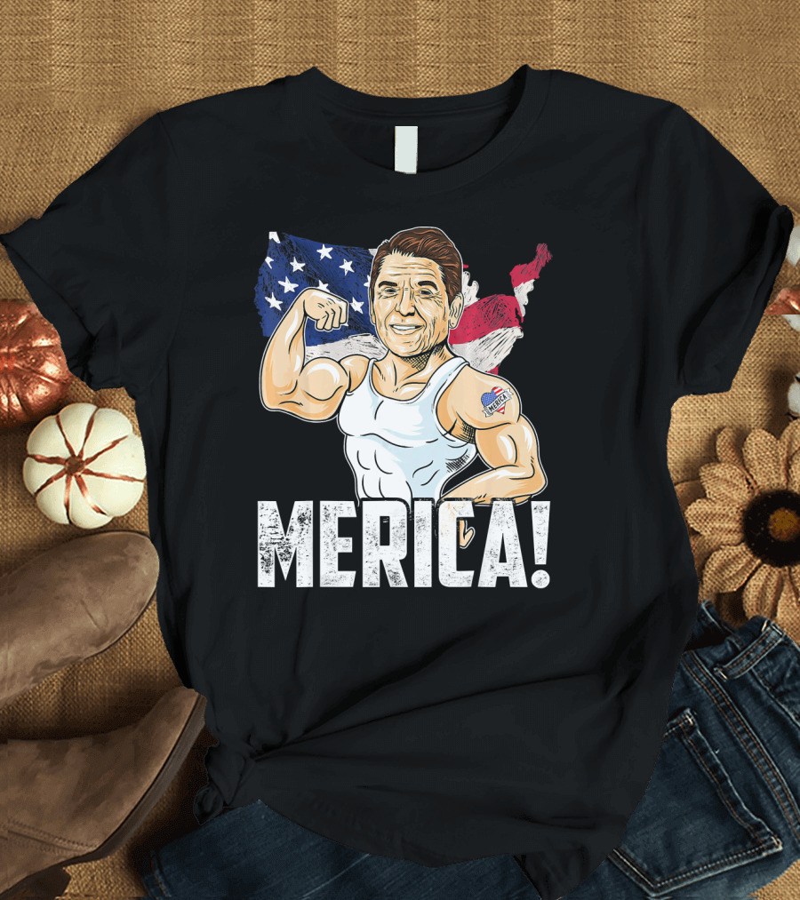 Ronald Reagan Merica Patriotic Muscle 4th Of July USA Map T-Shirt