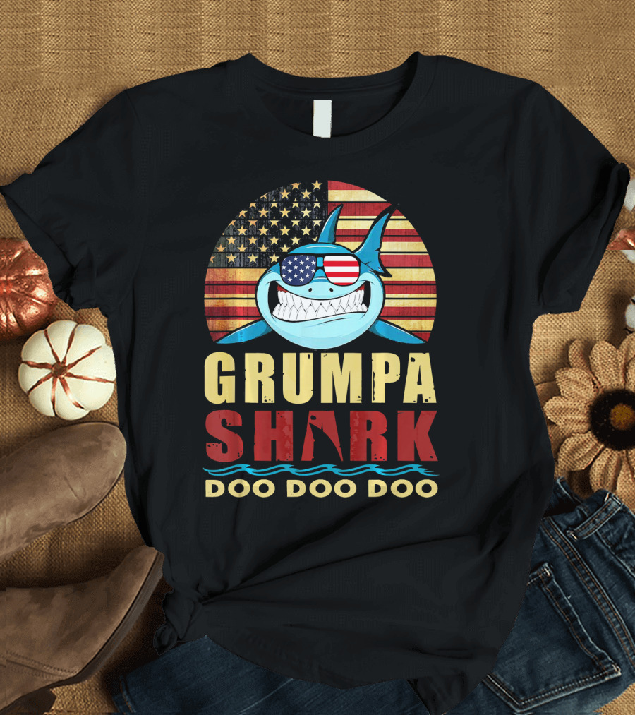 Grumpa Shark Doo Doo Doo American Flag T-Shirt