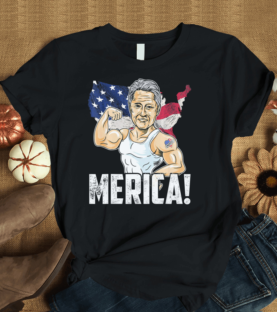 President Bill Clinton Flexing Merica 4th of July USA Map T-Shirt