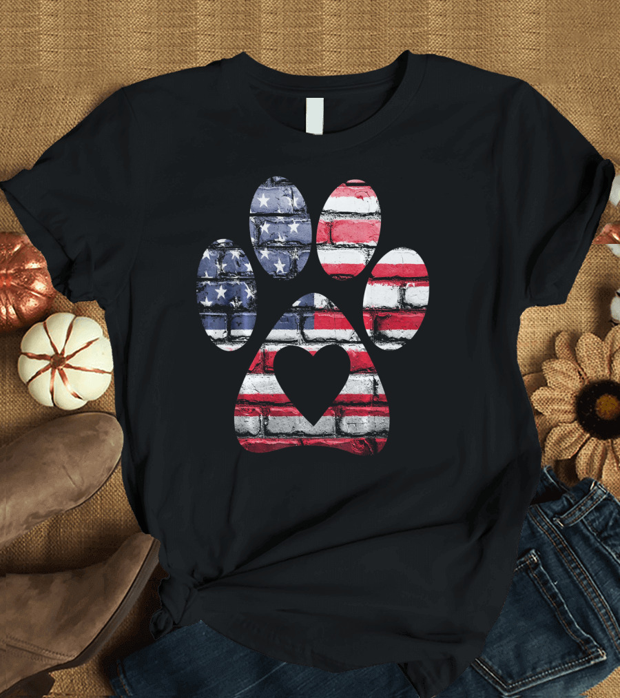 Patriotic Dog Paw with American Flag Heart T-Shirt