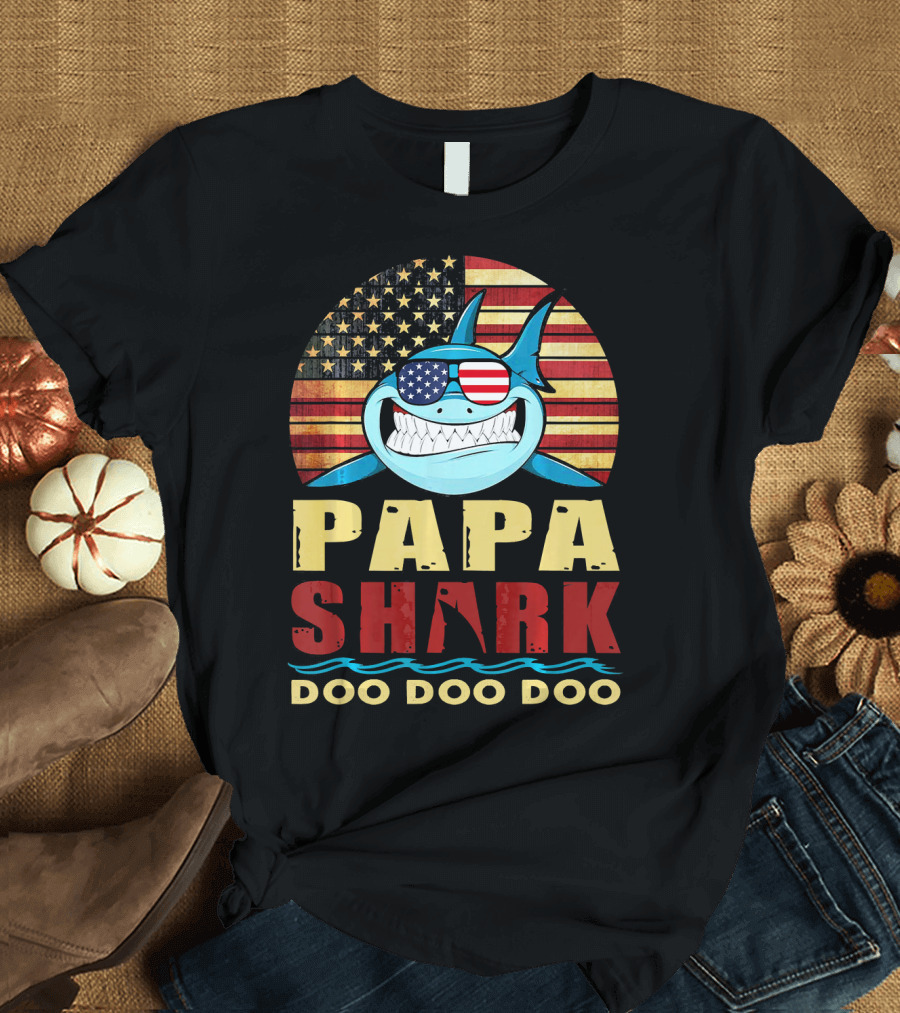 Papa Shark American Flag Doo Doo Doo T-Shirt