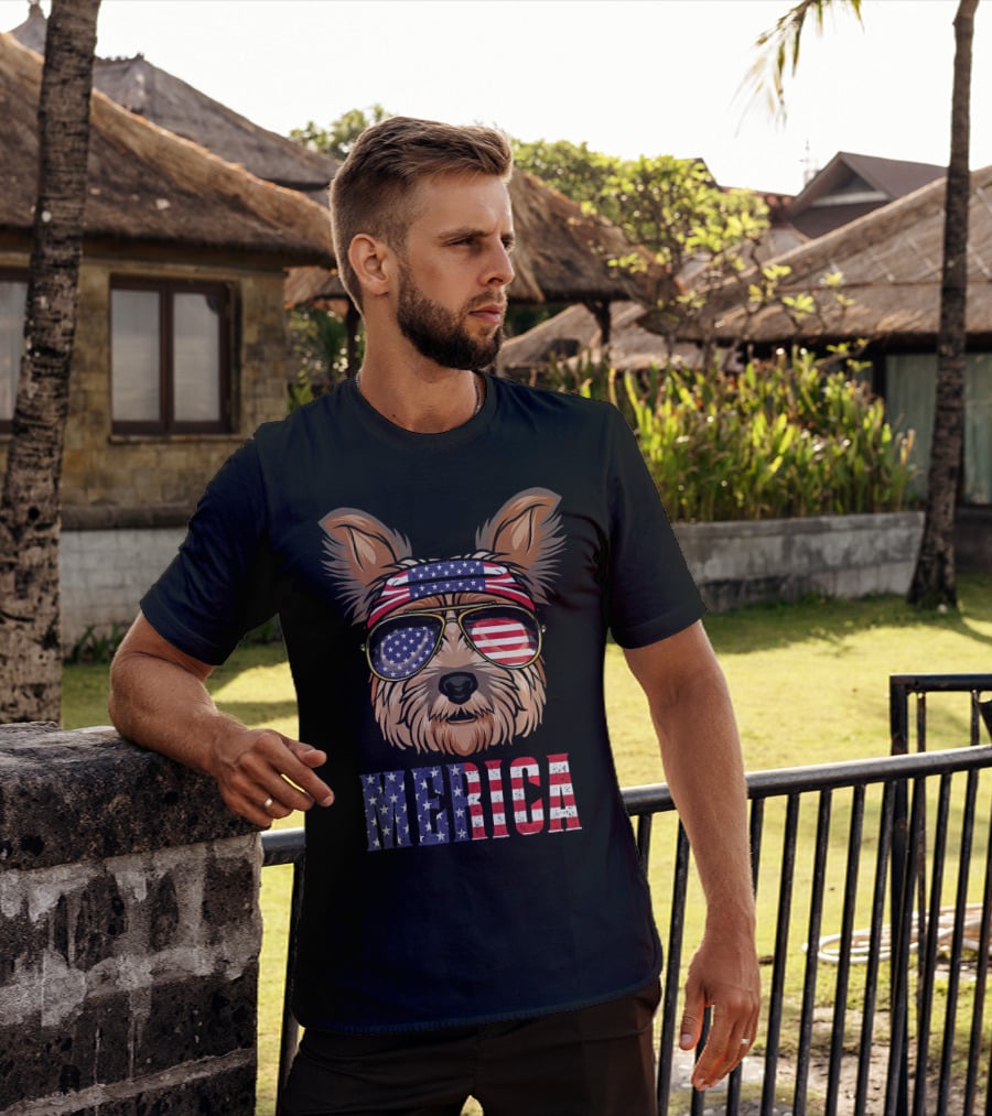 Yorkie Dog Merica American Flag Sunglasses Bandana T-Shirt