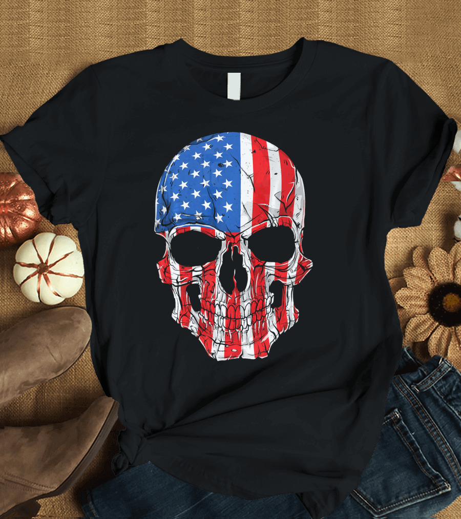 Skull Patriotic Stars and Stripes American Flag 4th of July T-Shirt
