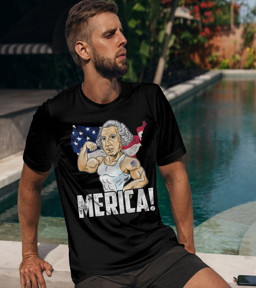 George Washington Muscles Merica USA Flag Background T-Shirt