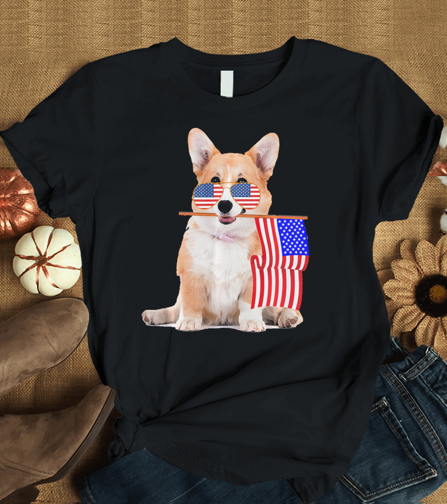 Funny Corgi with American Flag and USA Sunglasses for 4th of July T-Shirt