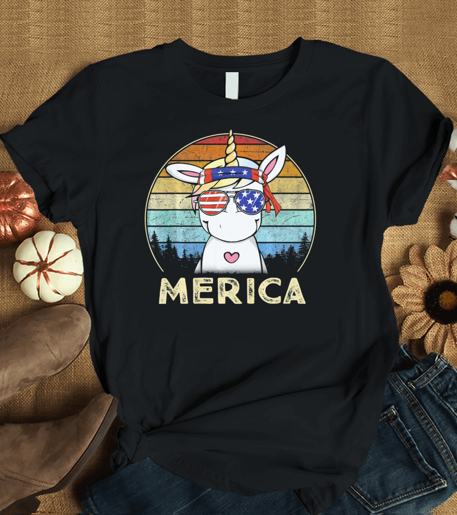Merica Unicorn 4th of July with American Flag Glasses and Bandana T-Shirt