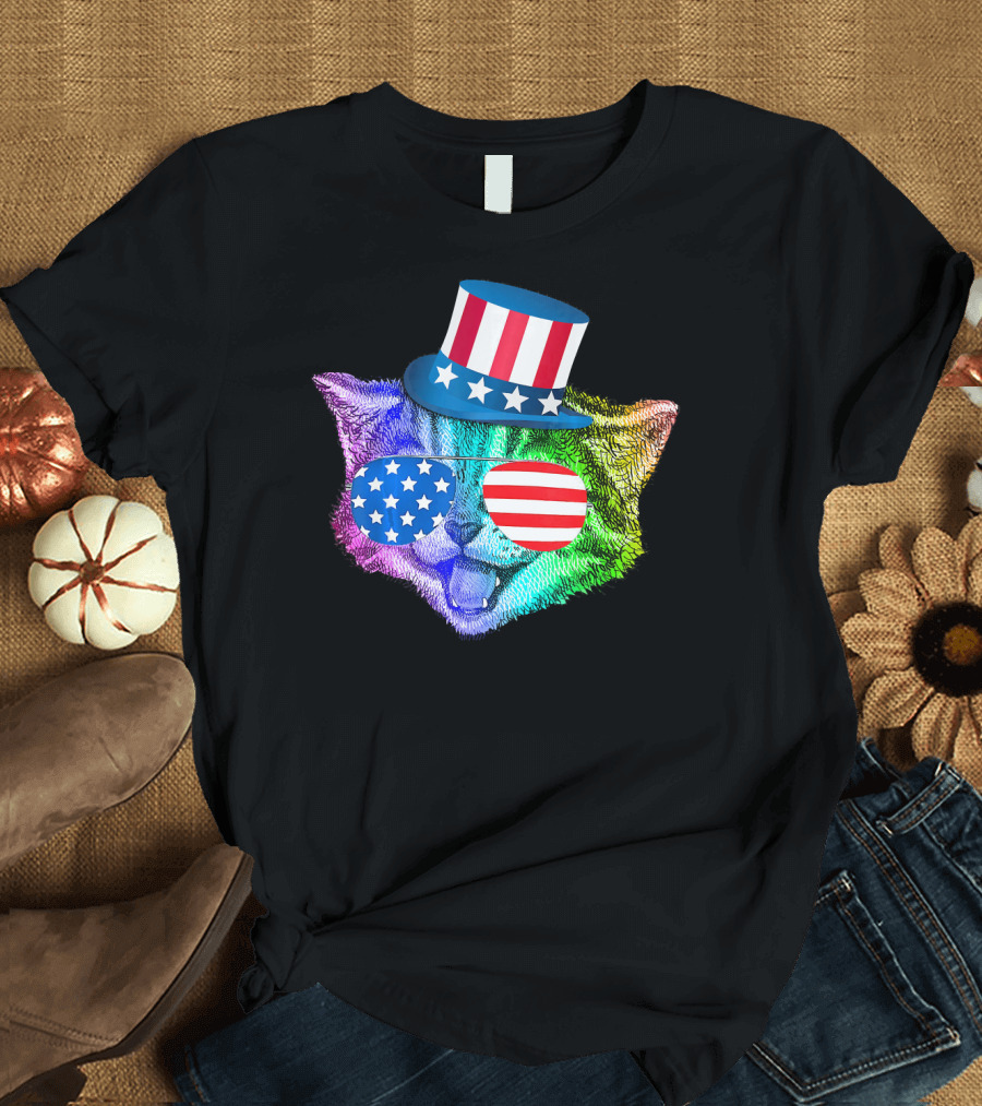 Funny Rainbow Feline Cat Patriotic 4th of July American Flag Hat Glasses T-Shirt