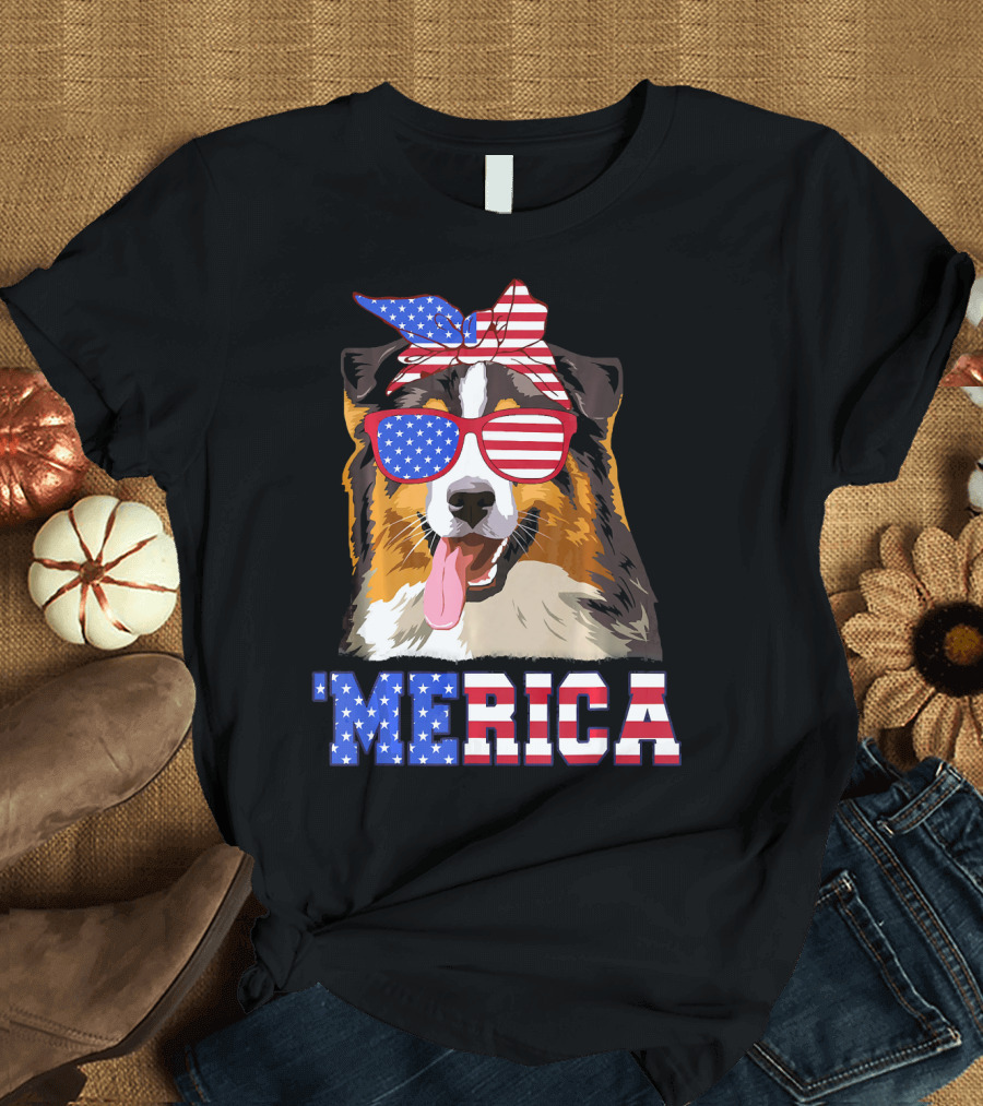 Aussie Dog Mom 'Merica American Flag Sunglasses and Bandana T-Shirt