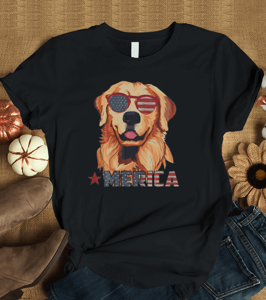 Merica Dog with USA Flag Sunglasses T-Shirt