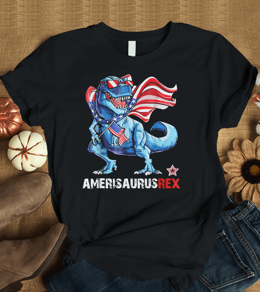Amerisaurus Rex Patriotic Dinosaur with USA Flag and Stars T-Shirt