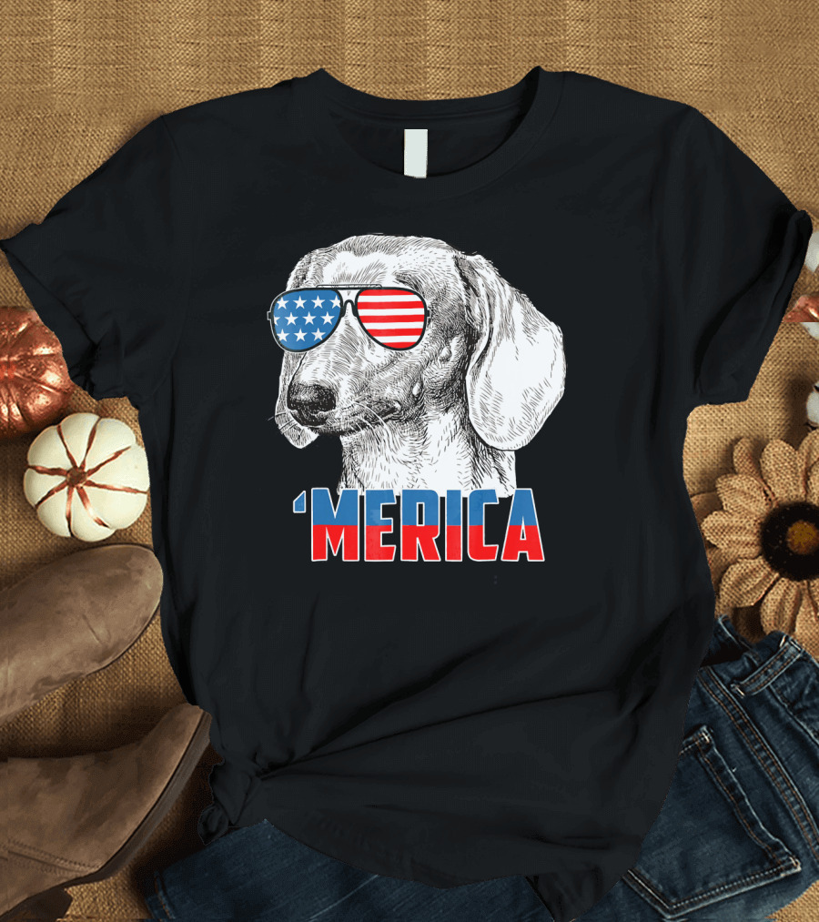 4th of July Merica Patriotic Dachshund with American Flag Sunglasses T-Shirt