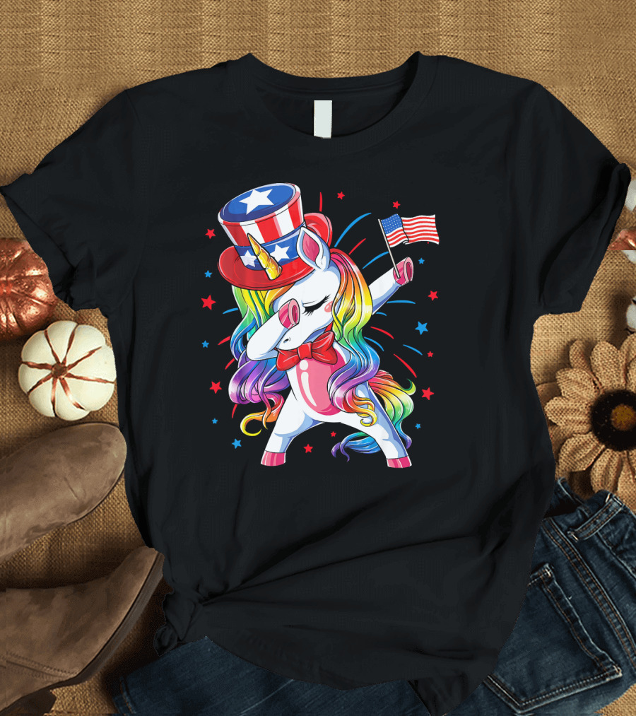 4th of July Dabbing Unicorn with Patriotic Hat and Flag T-Shirt