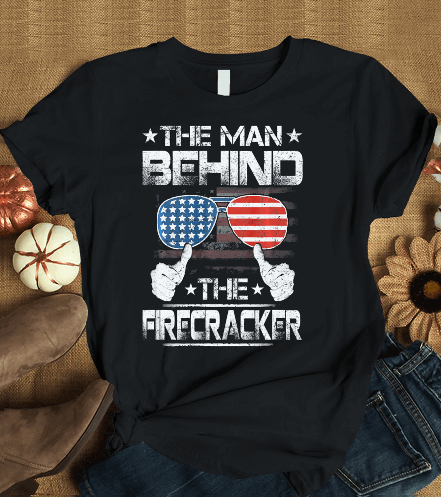 The Man Behind The Firecracker Patriotic American Flag Sunglasses and Thumbs Up T-Shirt