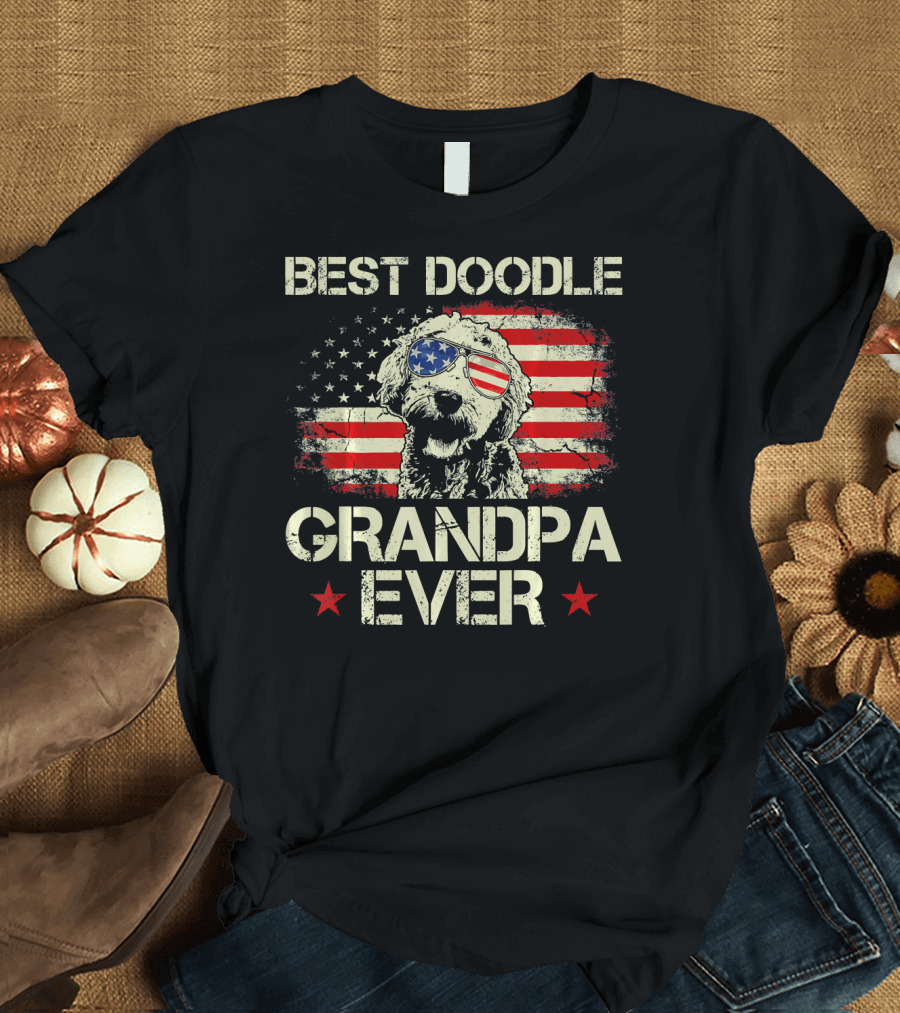 Best Doodle Grandpa Ever USA Flag Sunglasses Dog T-Shirt