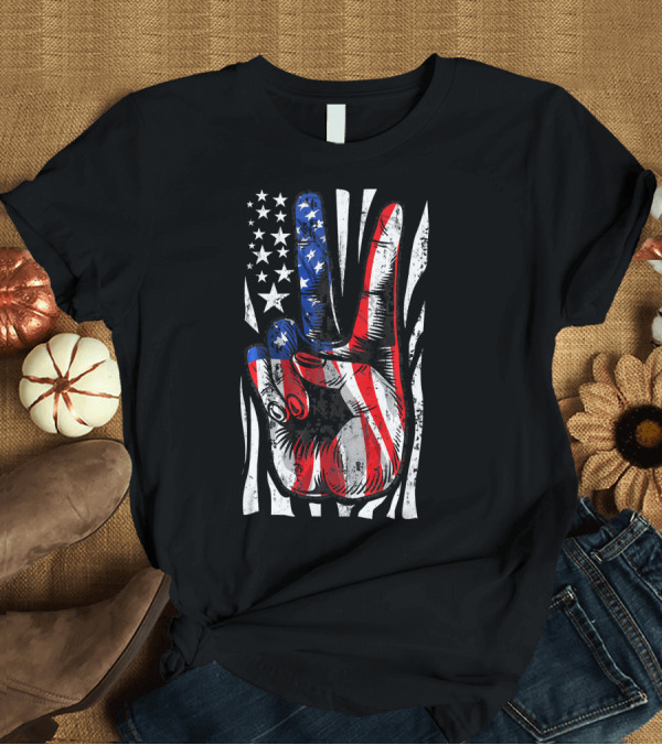 T-Shirt: Fourth 4th of July American Flag Peace Hand T-Shirt Fourth 4th of July American Flag Peace Hand T-Shirt