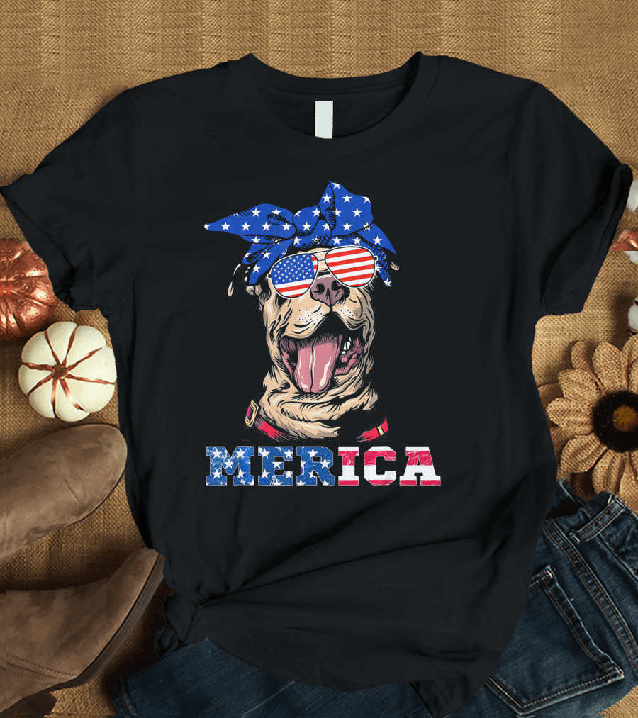 Merica American Flag Pitbull Wearing Bandana and Sunglasses T-Shirt
