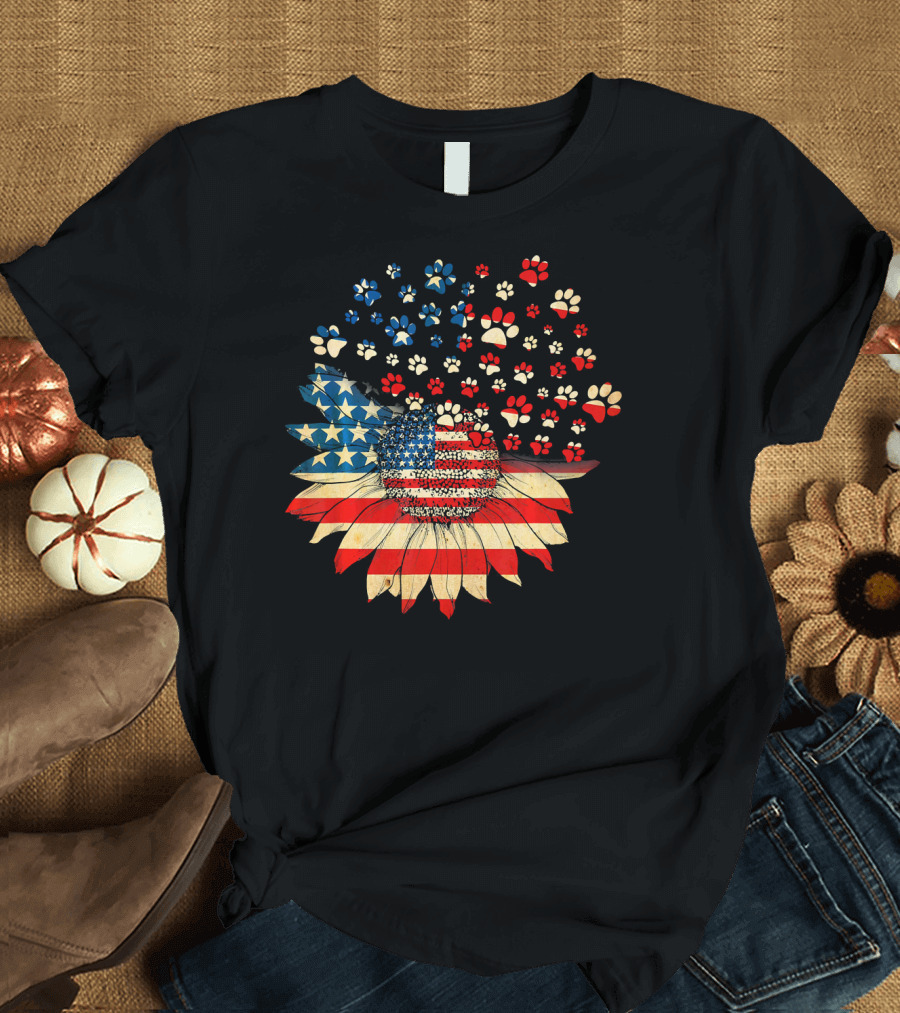 American Flag Sunflower with Dog Paw T-Shirt