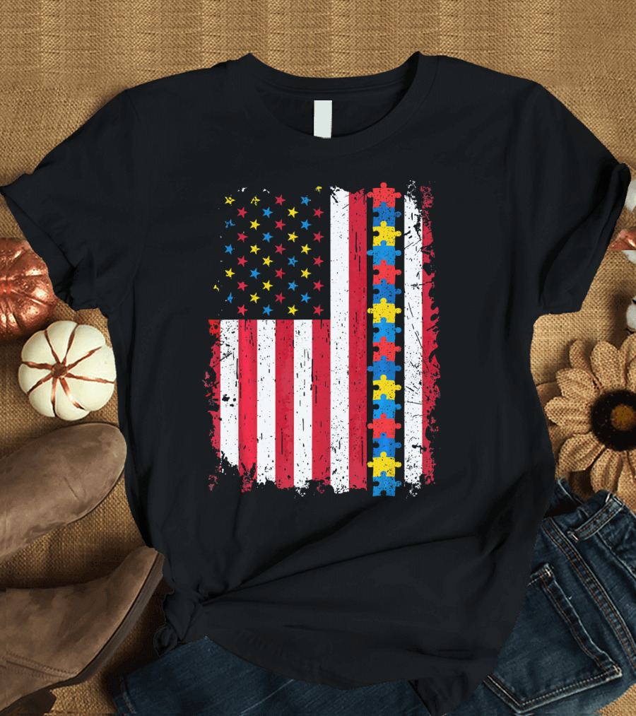Autism 4th of July Patriotic Puzzle American Flag T-Shirt