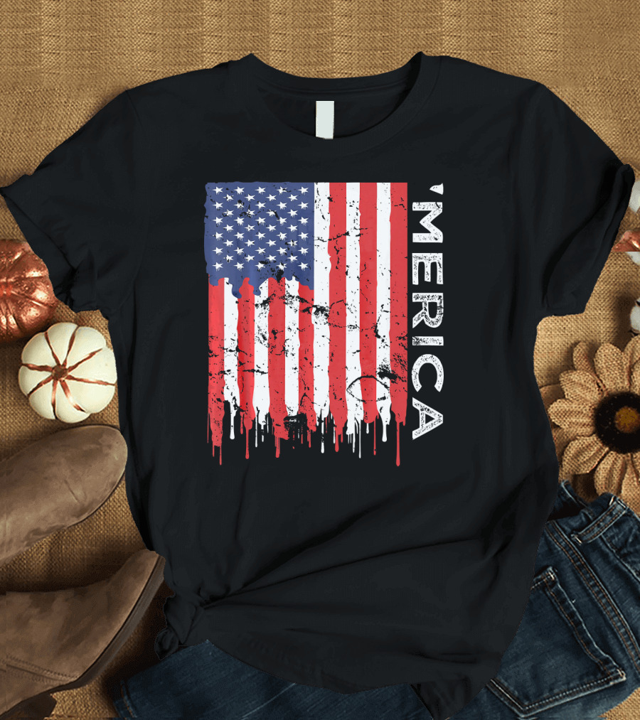 'Merica Vintage American Flag Dripping Grunge 4th Of July T-Shirt