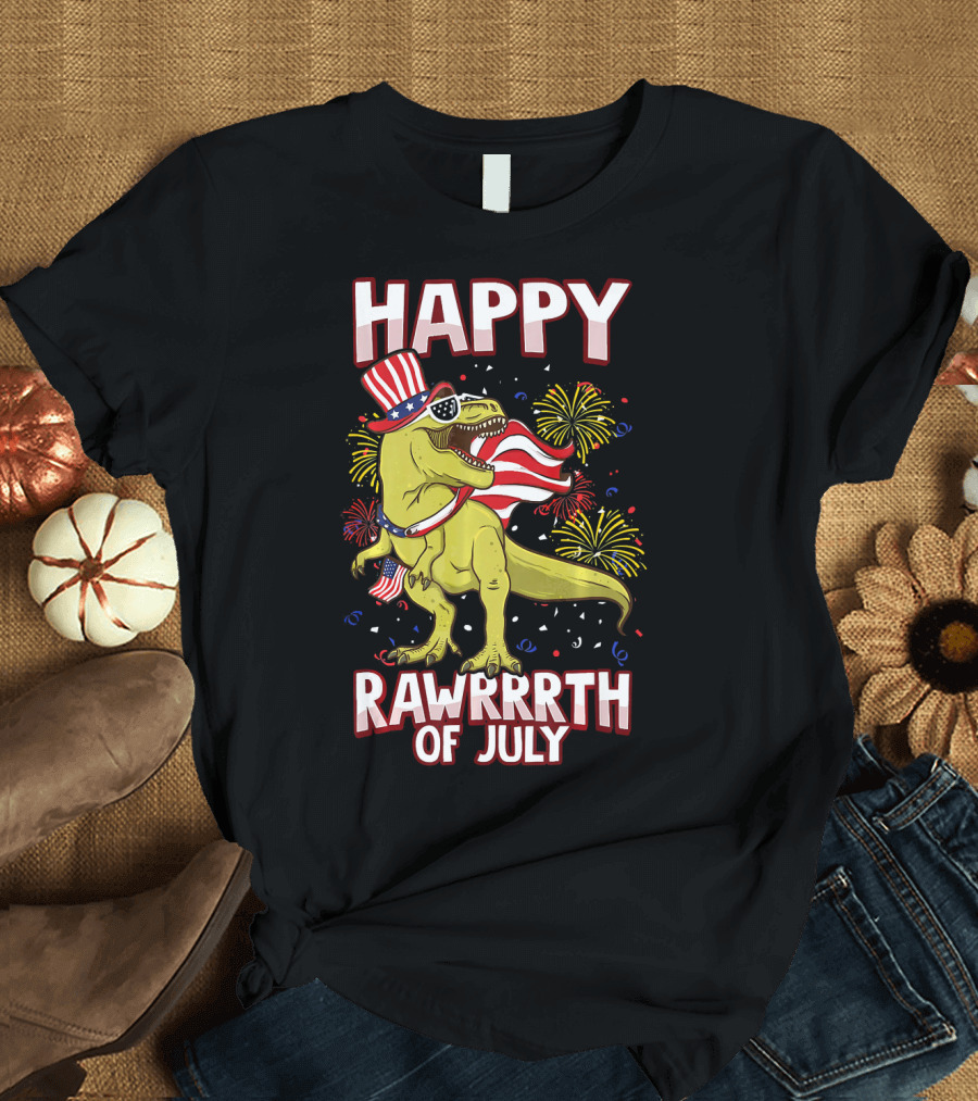 Happy Rawrrrth of July American Flag Tyrannosaurus Rex T-Shirt
