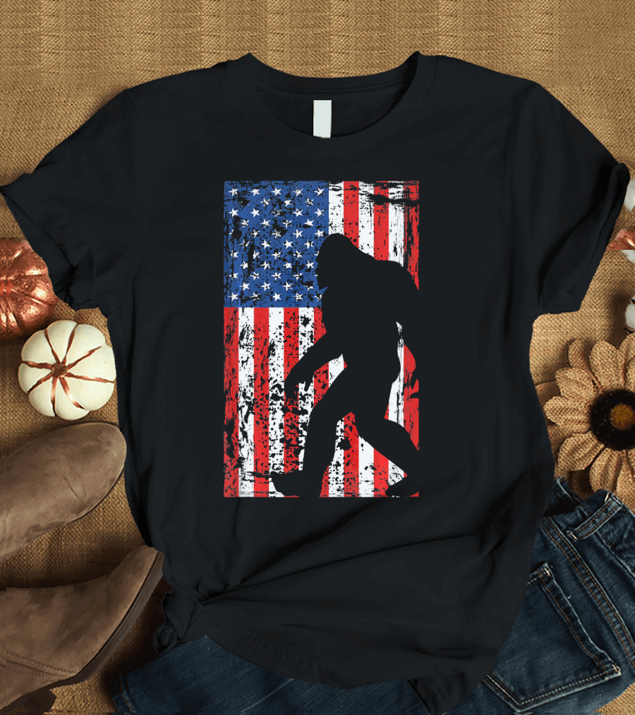 Bigfoot Silhouette with USA Flag for 4th of July T-Shirt