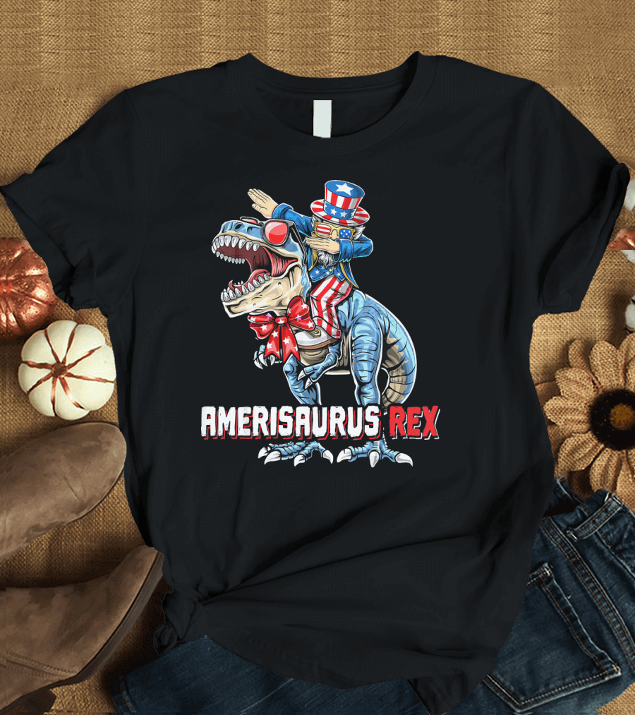 Amerisaurus Rex Dinosaur Dabbing Uncle Sam Patriotic Stars Stripes T-Shirt