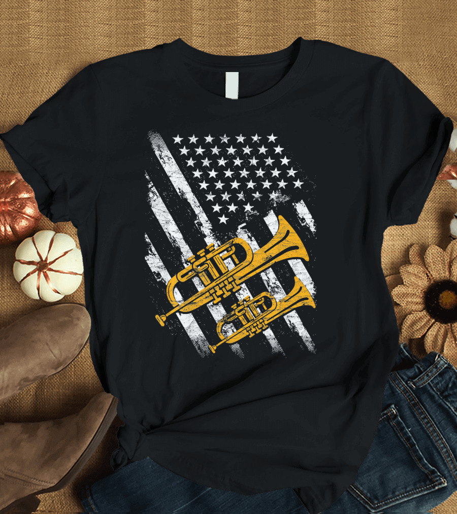 American Flag Distressed Trumpet USA Patriotic T-Shirt