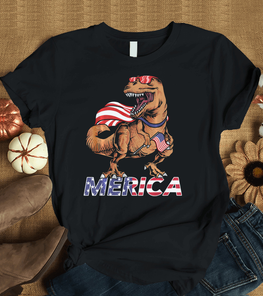 Merica T-Rex with American Flag Sunglasses and Cape T-Shirt