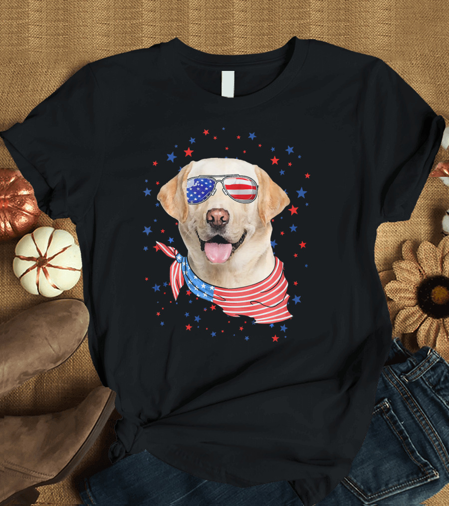 American Flag Labrador with Patriotic Sunglasses and Scarf Surrounded by Stars T-Shirt