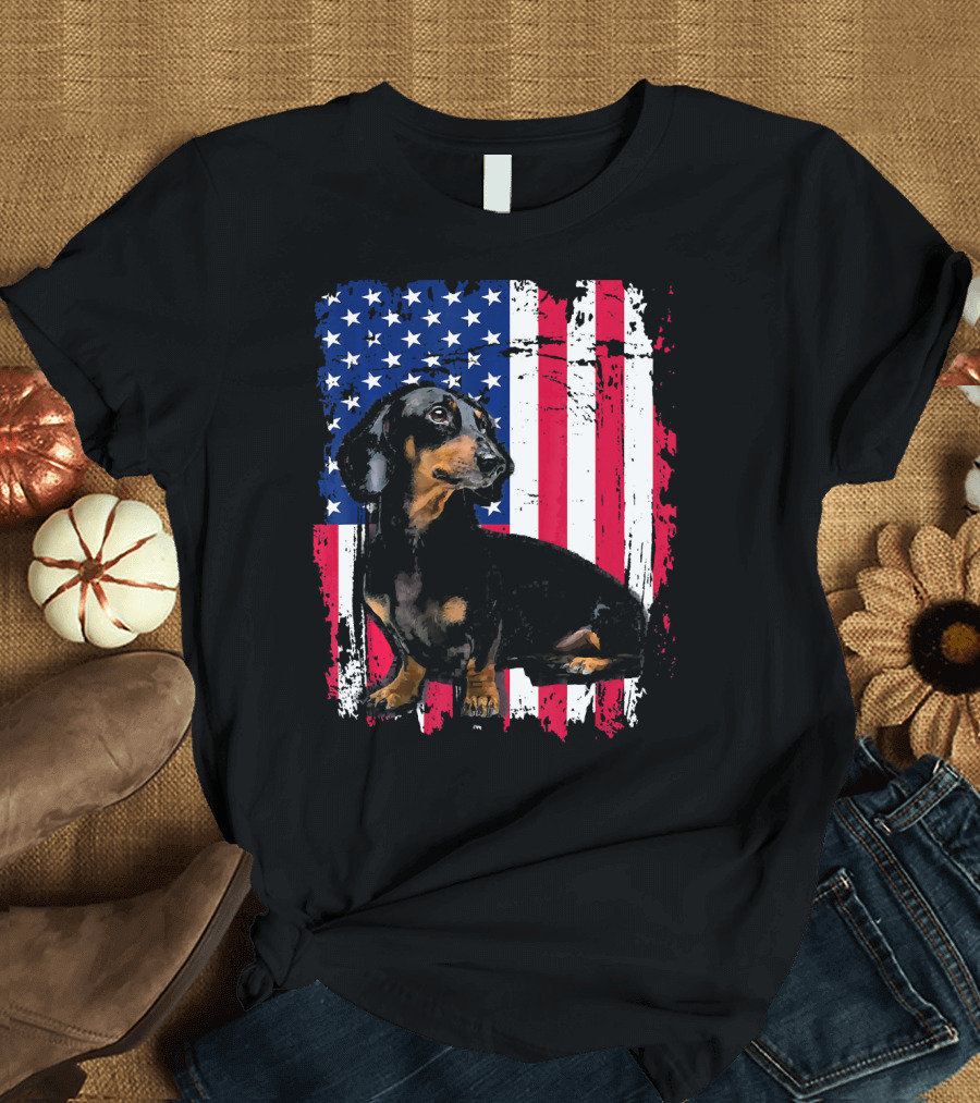 Dachshund in Front of US Flag for 4th of July T-Shirt