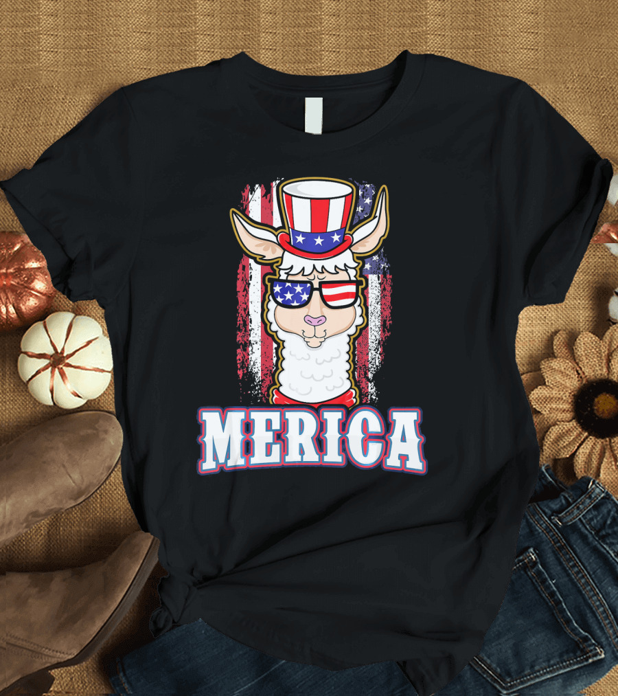 Patriotic Llama Merica American Flag US T-Shirt