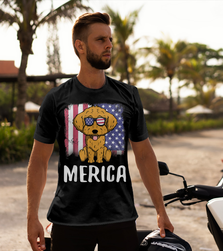 Merica Goldendoodle Dog With American Flag Sunglasses And US Flag Background T-Shirt