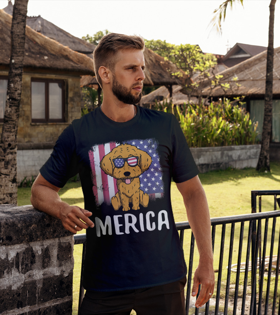 Merica Goldendoodle Dog With American Flag Sunglasses And US Flag Background T-Shirt