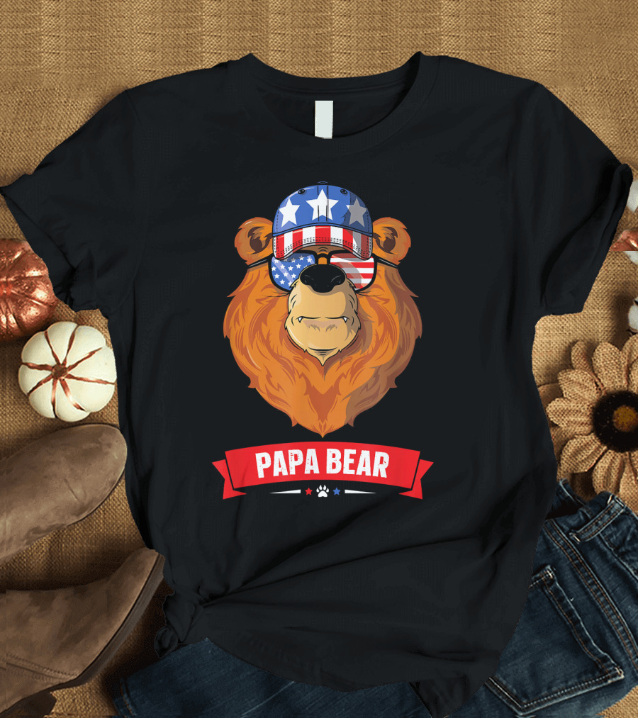 Papa Bear American Flag Sunglasses Stars Stripes 4th of July T-Shirt