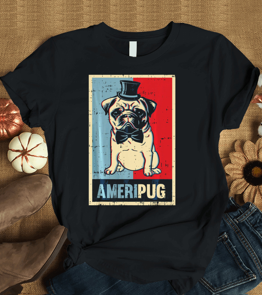 Ameripug Top Hat Bowtie Red Blue 4th Of July T-Shirt