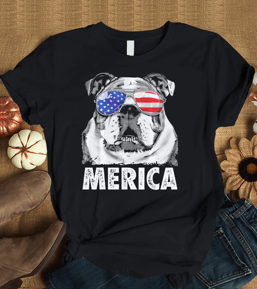 English Bulldog 4th of July Merica with American Flag Sunglasses T-Shirt