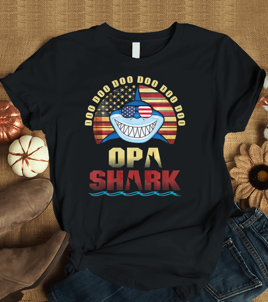 Doo Doo Doo Doo Doo Opa Shark American Flag Fathers T-Shirt