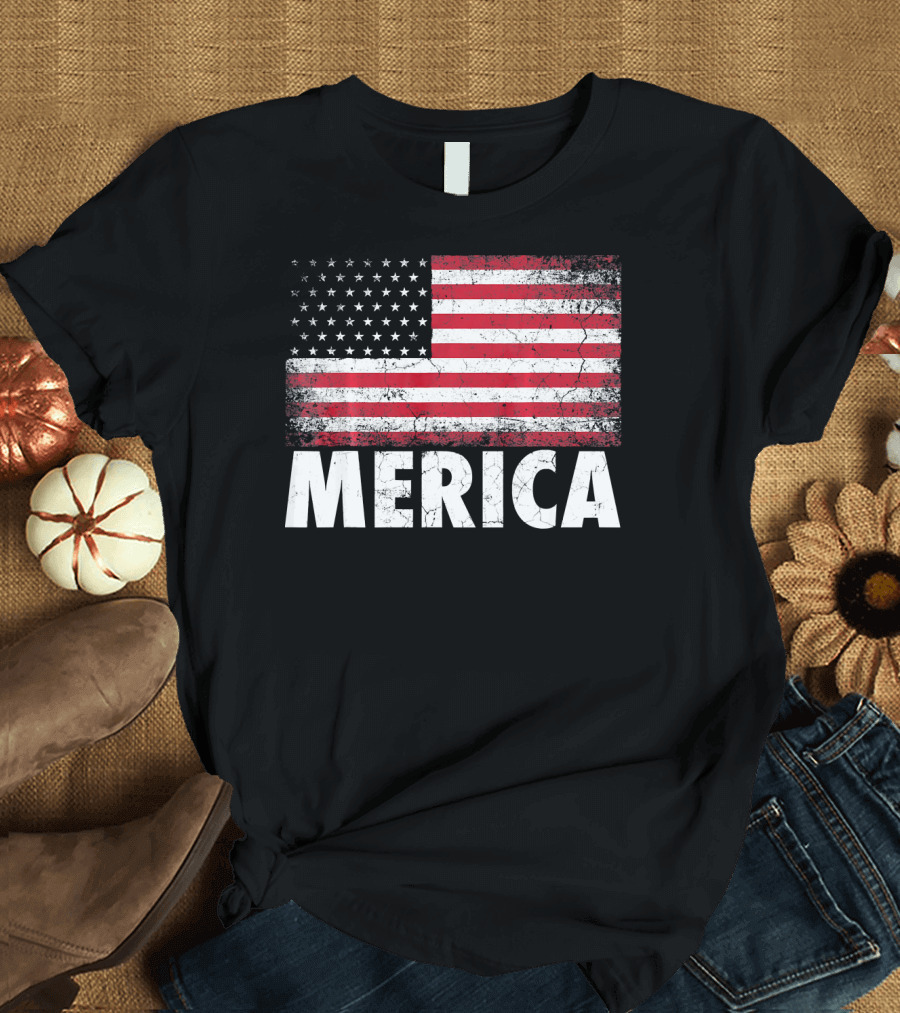 Merica American Flag Distressed Style USA Flag T-Shirt