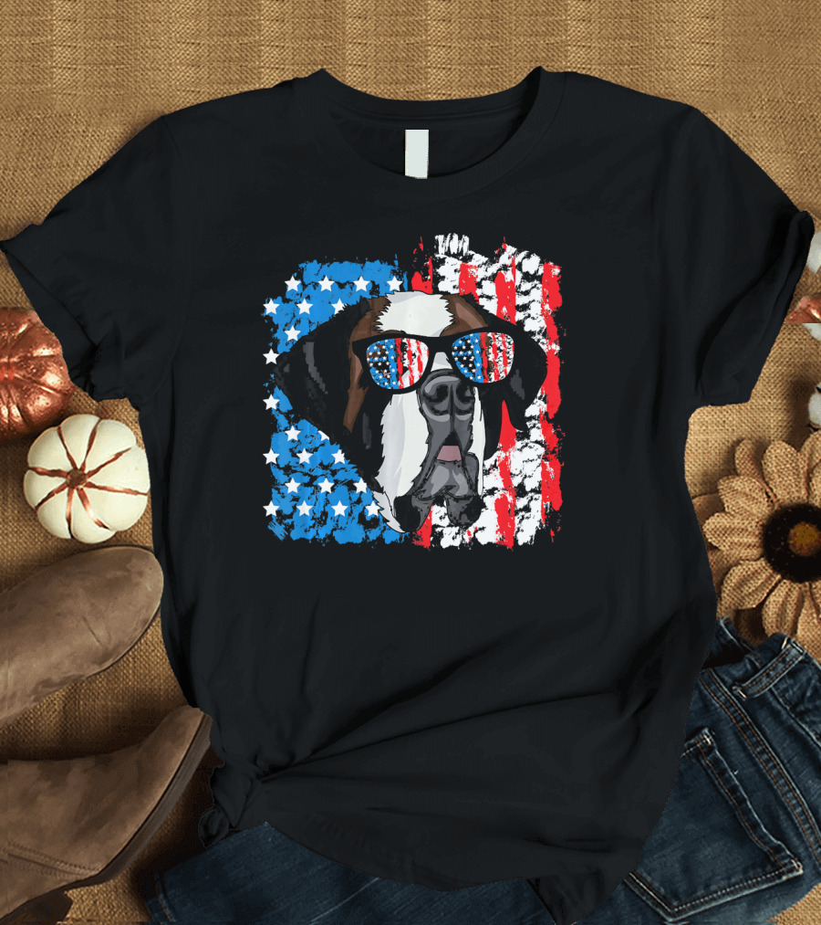 4th of July Dog Patriotic Saint Bernard with American Flag Sunglasses T-Shirt