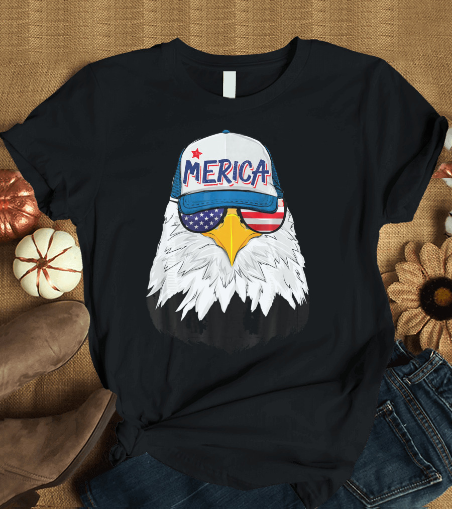American Bald Eagle Merica Cap USA Flag Shades 4th Of July T-Shirt