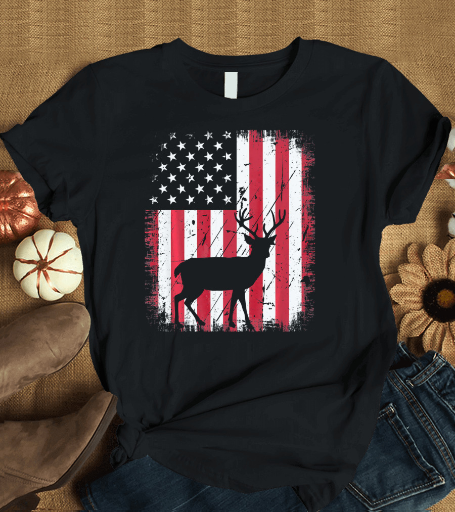 Vintage Deer USA American Flag Fourth of July T-Shirt