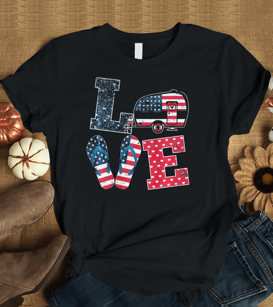 Love Camping USA Flag July 4th Flip Flops Camper T-Shirt