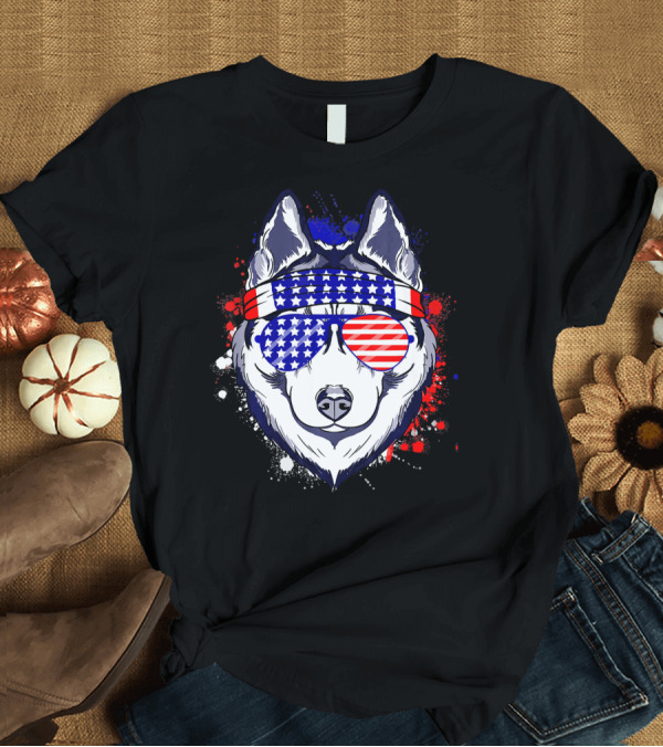 T-Shirt: Siberian Husky American Flag Sunglasses Patriotic 4th of July T-Shirt Siberian Husky American Flag Sunglasses Patriotic 4th of July T-Shirt