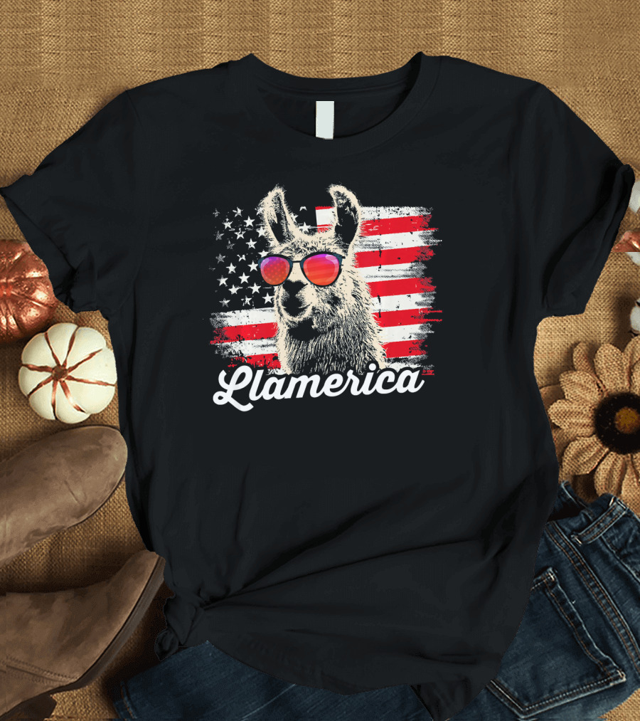 Llamerica Patriotic Llama with American Flag Sunglasses T-Shirt