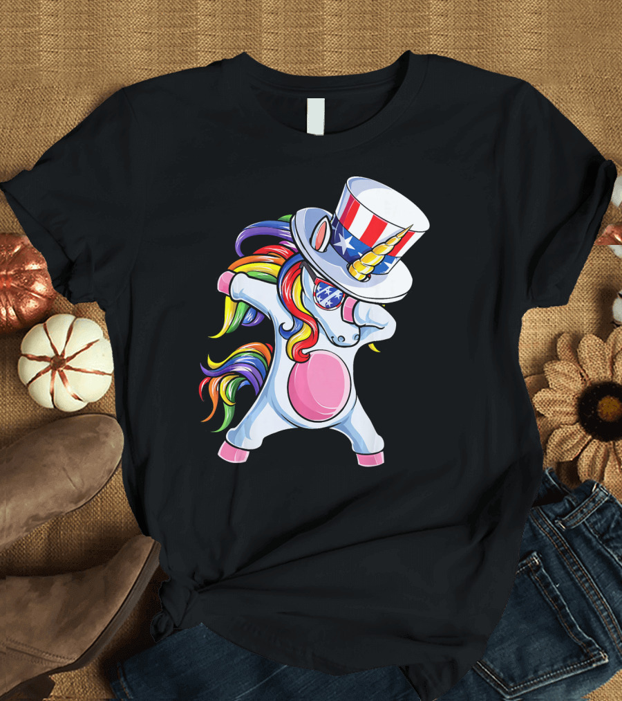 Dabbing Unicorn with Patriotic Uncle Sam Hat and Rainbow Mane T-Shirt